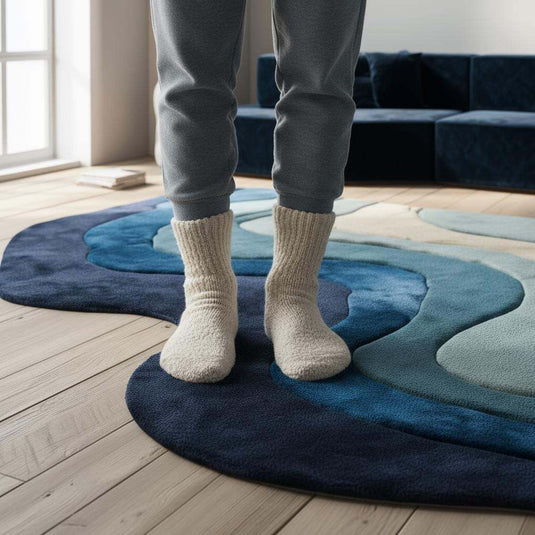 Translation missing: en.Handmade Tufted Wool Area Rug: Abstract Wave Design, Blue &amp; Cream - 5x8 ft