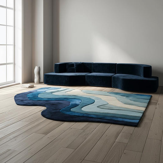 Translation missing: en.Handmade Tufted Wool Area Rug: Abstract Wave Design, Blue &amp; Cream - 5x8 ft