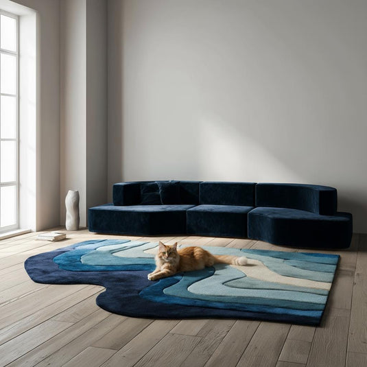Translation missing: en.Handmade Tufted Wool Area Rug: Abstract Wave Design, Blue &amp; Cream - 5x8 ft
