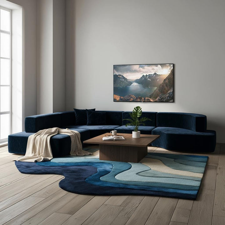 Translation missing: en.Handmade Tufted Wool Area Rug: Abstract Wave Design, Blue &amp; Cream - 5x8 ft