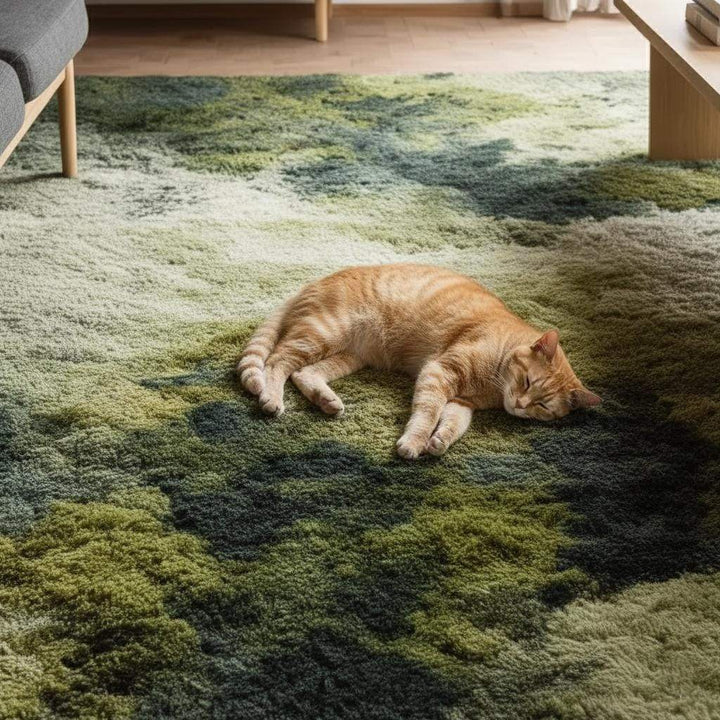 Translation missing: en.Moss green shag rug with gradient tones styled in a modern living room with wooden furniture