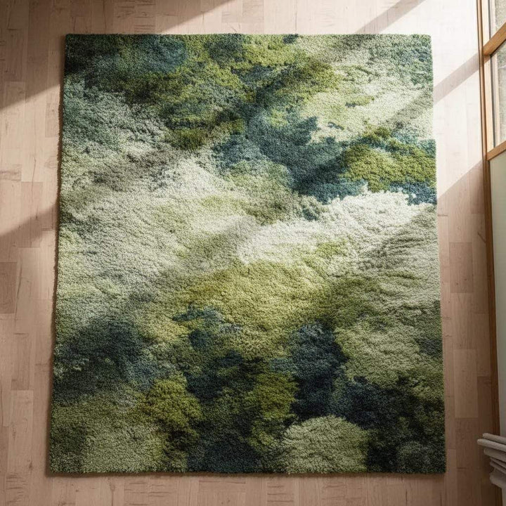 Translation missing: en.Soft shag rug in sage, moss, and forest green tones on wooden floor
