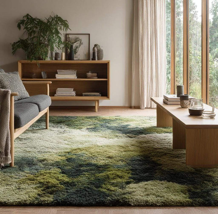 Translation missing: en.Modern Japandi interior with plush green shag area rug