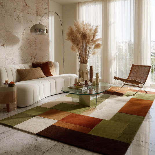 Translation missing: es.Handmade wool rug with mid-century modern color block design in olive, rust, cream, and brown