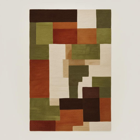 Translation missing: es.Retro modern geometric area rug with olive and rust blocks placed on marble floor, perfect for minimalist décor