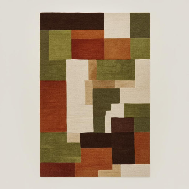 Translation missing: en.Retro modern geometric area rug with olive and rust blocks placed on marble floor, perfect for minimalist décor