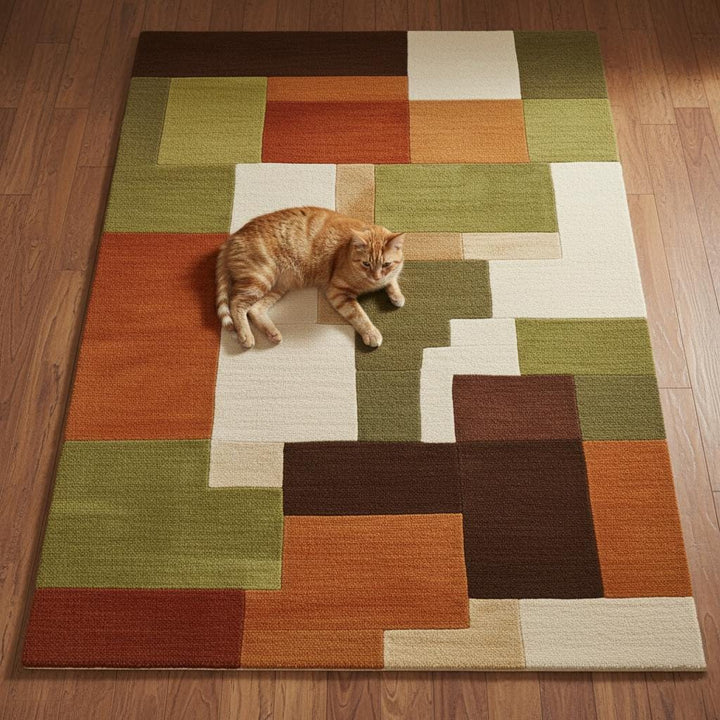 Translation missing: en.Large handmade wool area rug under a glass table; olive and rust geometric pattern suits living room or office