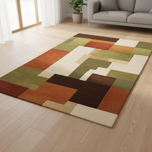 Translation missing: es.Mid-century modern rug with 70s-inspired color palette—olive green, rust orange, cream—soft wool texture and clean lines