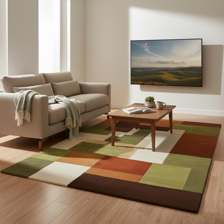 Translation missing: en.Geometric color-block rug styled with neutral sofa and woven chair; custom size handmade wool carpet
