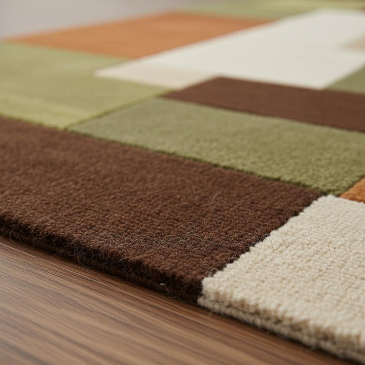 Translation missing: en.Close view of color-block wool pile showing olive, burnt orange, cream, and brown squares in a mid-century design