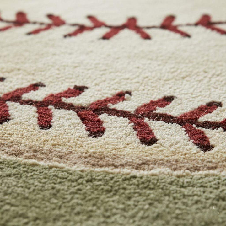 Translation missing: es.Handmade wool baseball rug with red stitching on green background for kids' sports nursery decor, 8x10 feet