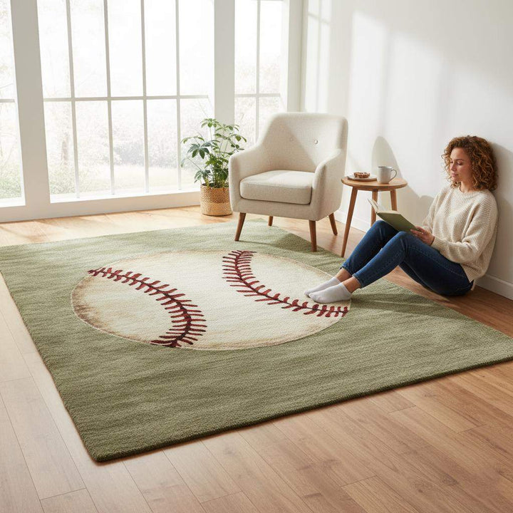 Translation missing: es.Handmade Wool Baseball Rug: Sports Nursery Decor, 8x10