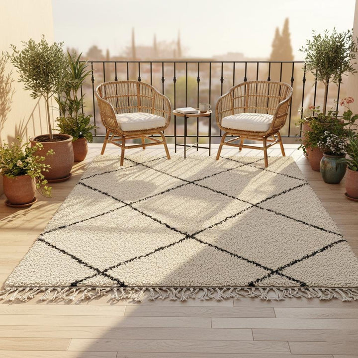 Translation missing: es.Handmade Wool Beni Ourain Rug – Cream &amp; Black Diamond Berber Carpet