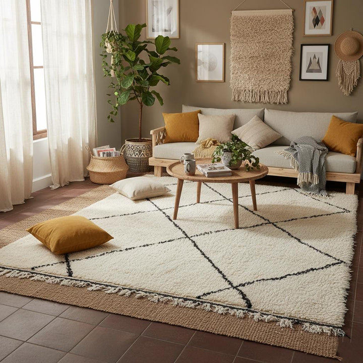 Translation missing: es.Handmade Wool Beni Ourain Rug – Cream &amp; Black Diamond Berber Carpet
