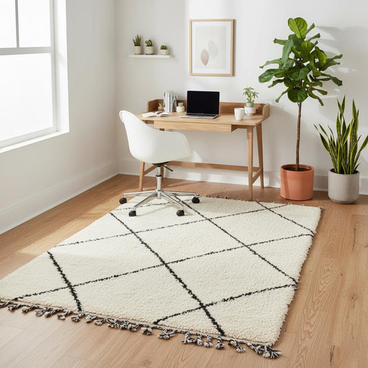 Translation missing: es.Soft wool Moroccan rug featuring minimalist black lines, ideal for cozy bedroom and neutral home styling