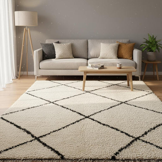 Translation missing: es.Authentic Berber Beni Ourain carpet, handwoven in Morocco, adds warmth and texture to minimalist interiors