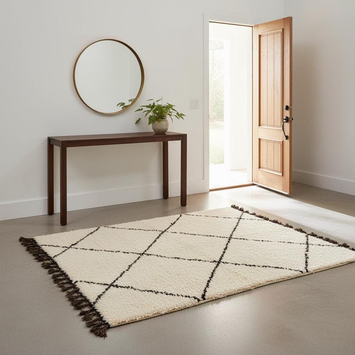 Translation missing: es.Handmade Wool Beni Ourain Rug – Cream &amp; Black Diamond Berber Carpet