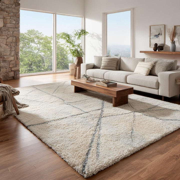 Translation missing: en.Handmade Wool Tufted Area Rug: Ivory Plush Geometric Design