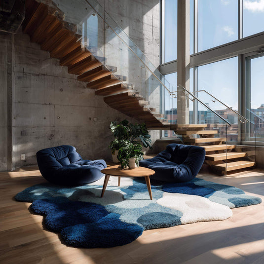 Translation missing: en.Modern handmade wool tufted rug in white and blue, 6x9 area carpet for home decor