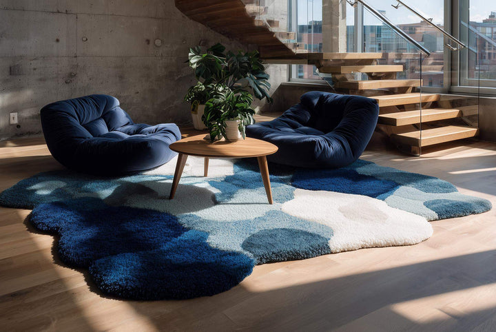 Translation missing: en.Modern handmade wool tufted rug in white and blue with floral design, 6x9 area rug for home decor