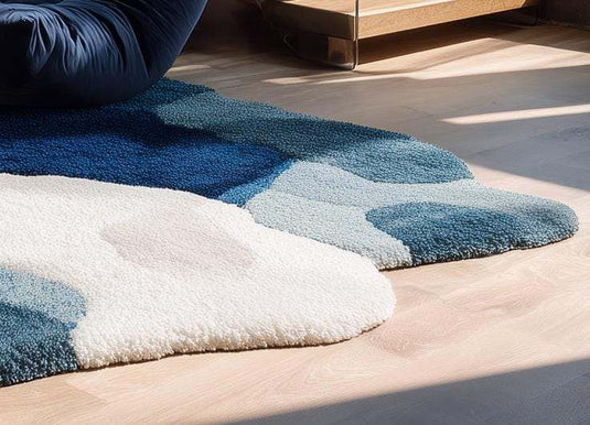 Translation missing: en.Handmade wool tufted rug in white and blue with modern floral design, 6x9 area rug for living room and home decor
