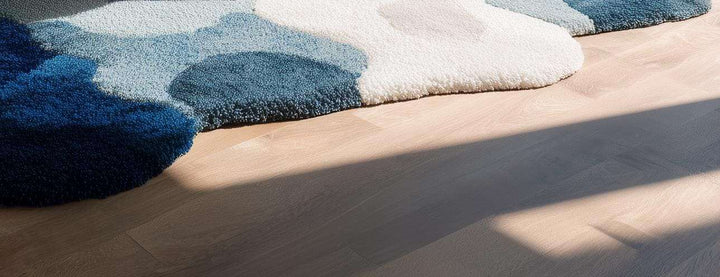 Translation missing: en.Modern handmade wool tufted rug in white and blue with textured floral design, 6x9 area rug for home decor