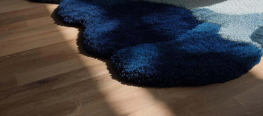 Translation missing: en.Handmade wool tufted rug with modern white and blue floral design, 6x9 area carpet for home decor