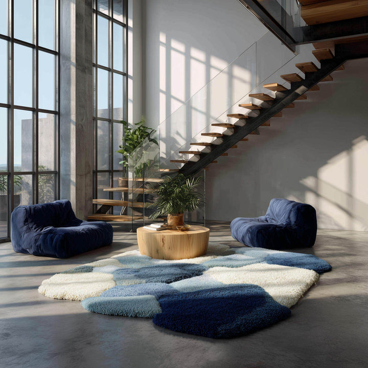 Translation missing: en.Modern handmade wool tufted rug in white and blue with floral design, 6x9 area, soft textured and durable for home decor