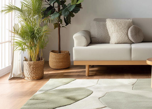 Translation missing: en.Handmade wool tufted rug with abstract sage green and beige patterns, 8x10 rectangular soft cozy area rug