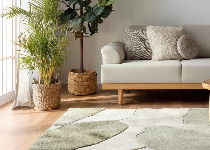 Translation missing: en.Handmade wool tufted rug with abstract sage green and beige patterns, 8x10 rectangular soft cozy area rug