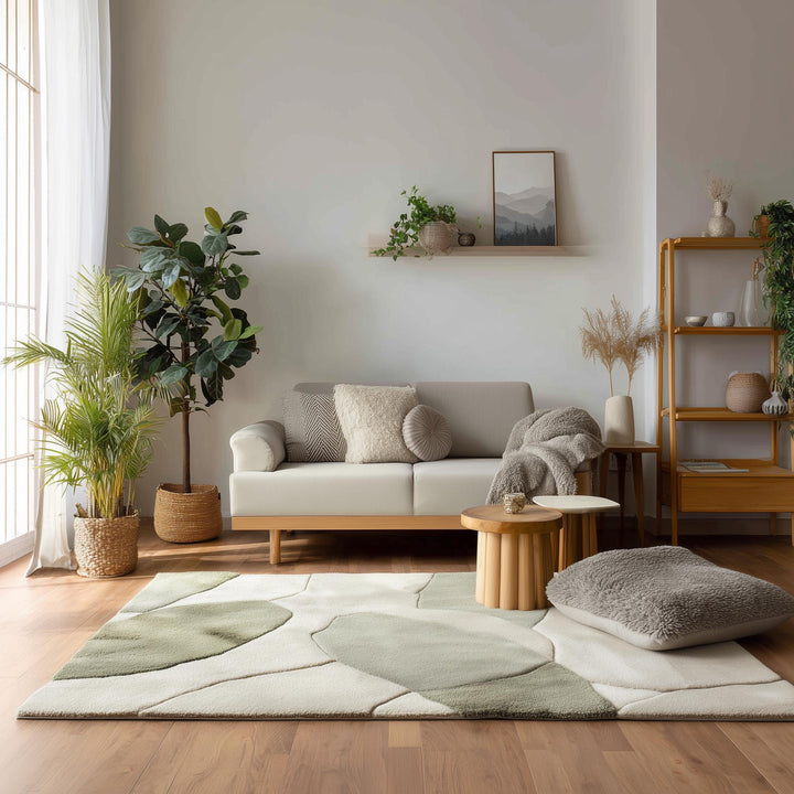 Translation missing: en.Handmade wool tufted rug with abstract sage green and beige patterns, 8x10 area rug for modern living room decor