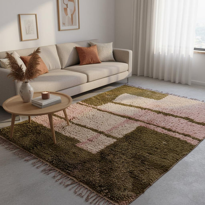 Translation missing: es.Large dusty-pink wool area rug featuring olive rectangular blocks and cream highlights, Beni Ourain inspired — living room rug, rugs rug carpet teppich