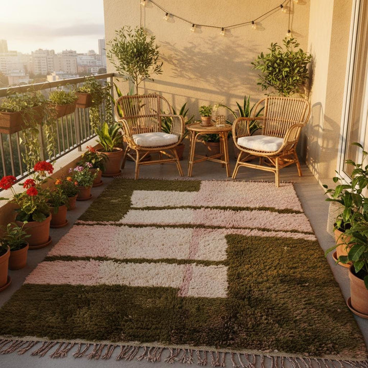 Translation missing: es.Plush blush pink Moroccan-style shag rug with olive stripes and fringe, handwoven wool for cozy interiors — perfect boho rug, rugs rug carpet teppich