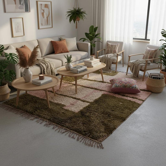 Translation missing: es.Modern Beni Ourain inspired carpet in dusty-pink and olive with textured shag pile and natural fringe — versatile area rug, rugs rug teppich