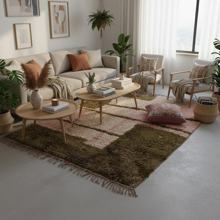 Translation missing: es.Modern Beni Ourain inspired carpet in dusty-pink and olive with textured shag pile and natural fringe — versatile area rug, rugs rug teppich