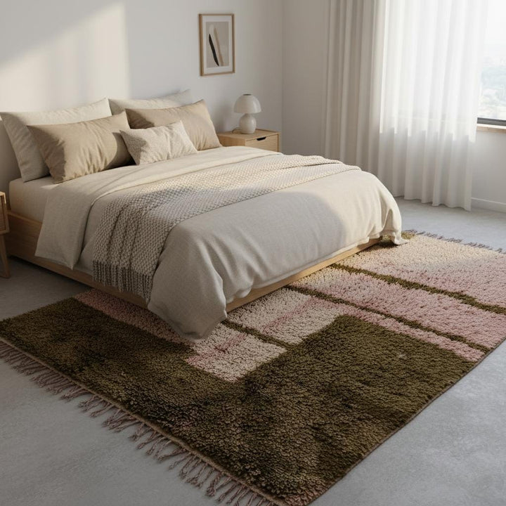 Translation missing: es.Dusty-pink handwoven wool rug with olive geometric motif and fringe, styled in minimal studio — statement living room rug, rugs rug carpet teppich