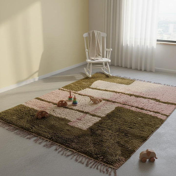 Translation missing: es.Handwoven Beni Ourain Shag Rug – Pink &amp; Olive Wool, Moroccan Carpet