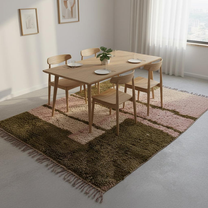 Translation missing: es.Handwoven Beni Ourain Shag Rug – Pink &amp; Olive Wool, Moroccan Carpet