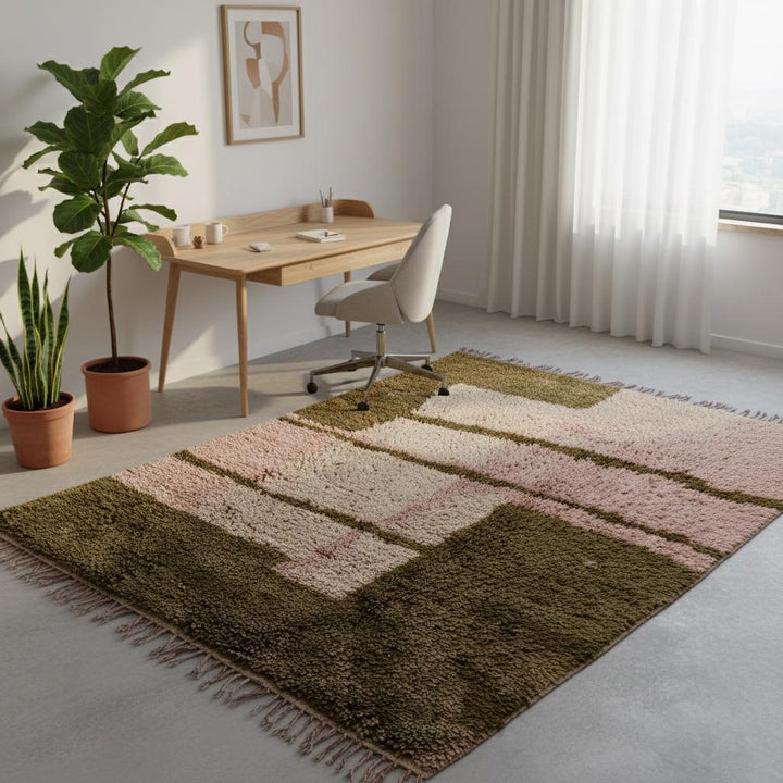 Translation missing: es.Handwoven Beni Ourain Shag Rug – Pink &amp; Olive Wool, Moroccan Carpet