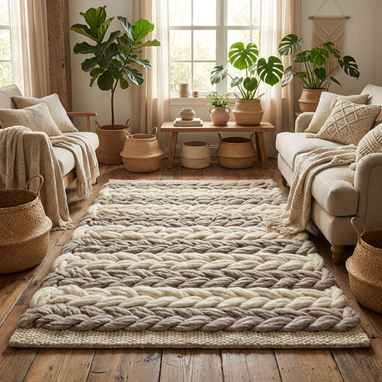 Translation missing: es.Handcrafted chunky wool rug featuring thick cream and taupe braids, cozy and plush for bedroom or living room floors