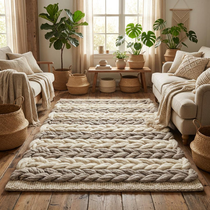 Translation missing: es.Handcrafted chunky wool rug featuring thick cream and taupe braids, cozy and plush for bedroom or living room floors