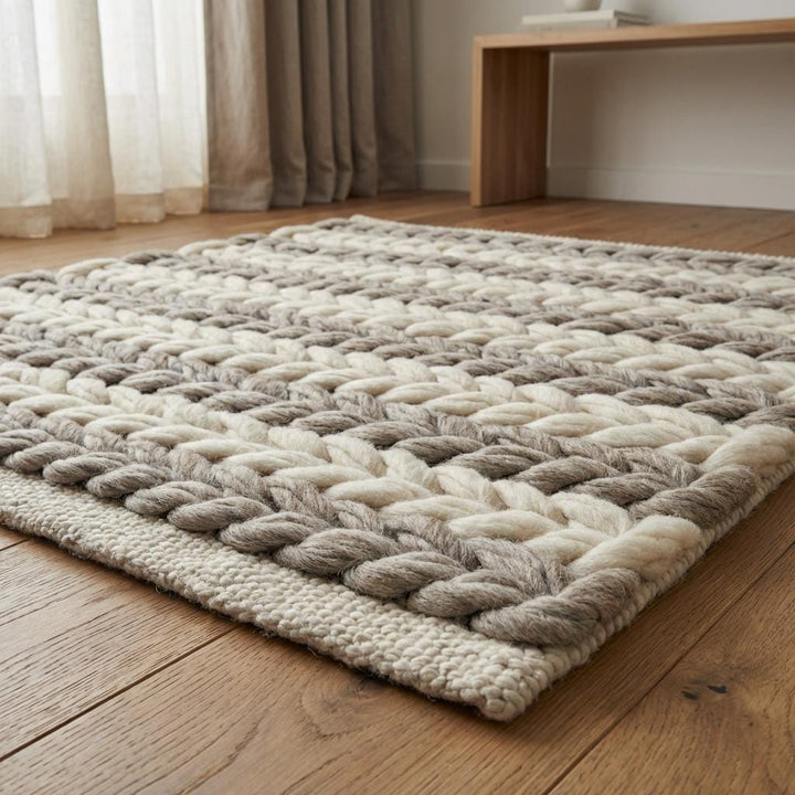 Translation missing: es.Natural wool braided rug with durable woven edge detailing, designed for warm, earthy home décor aesthetics
