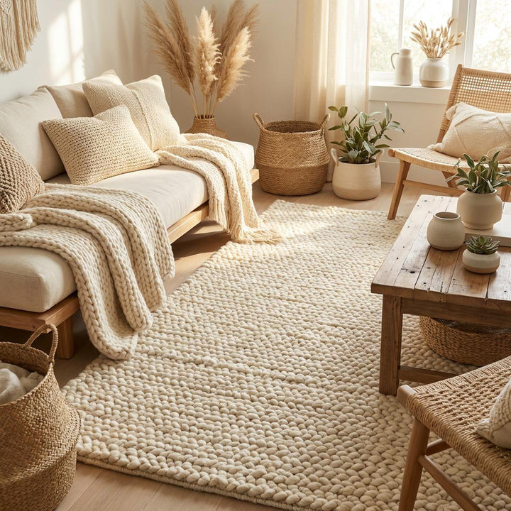Translation missing: es.Soft neutral wool rug with thick woven loops, perfect for living rooms, bedrooms, and cozy hygge spaces
