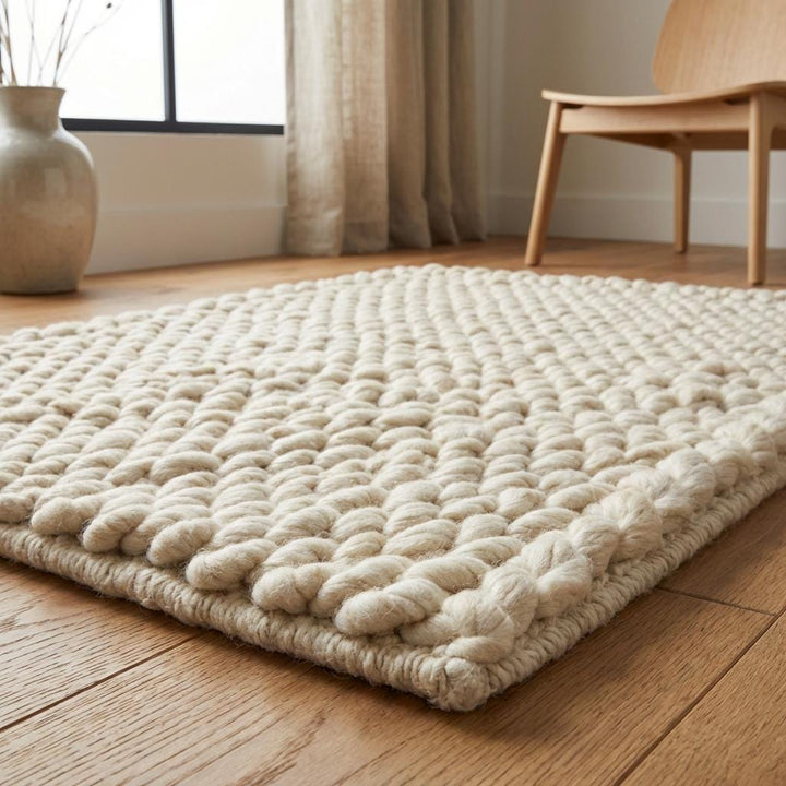 Translation missing: es.Detailed close-up of a braided wool rug showing handwoven craftsmanship and natural fiber texture