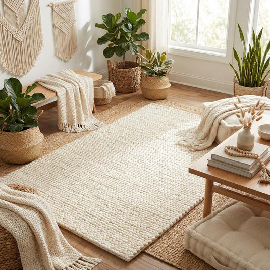 Translation missing: es.Neutral cream chunky wool rug styled as cozy living room floor decor