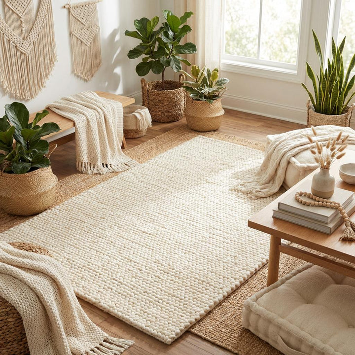 Translation missing: es.Neutral cream chunky wool rug styled as cozy living room floor decor