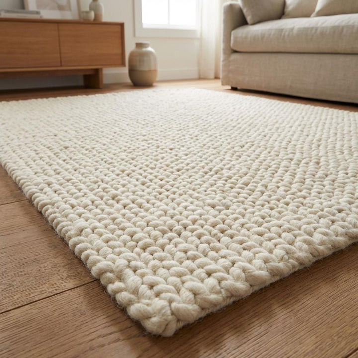Translation missing: es.Handwoven Chunky Wool Rug, Cream Knit Scandinavian Decor