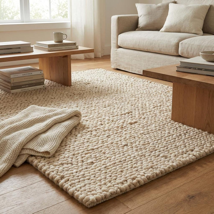 Translation missing: es.Handwoven Chunky Wool Rug, Cream Neutral Scandinavian Style