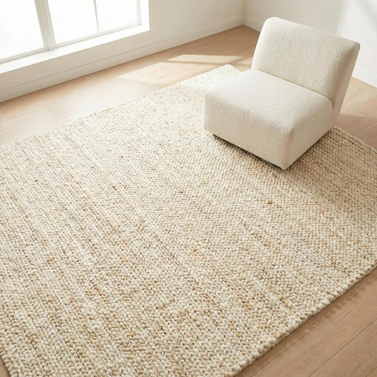 Translation missing: es.Handwoven chunky wool rug in cream with thick texture for Scandinavian and modern interiors