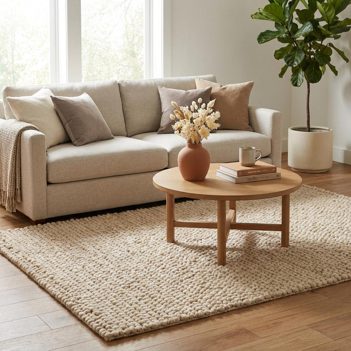 Translation missing: es.Thick wool rug with plush texture, minimalist neutral rug perfect for cozy living room interiors
